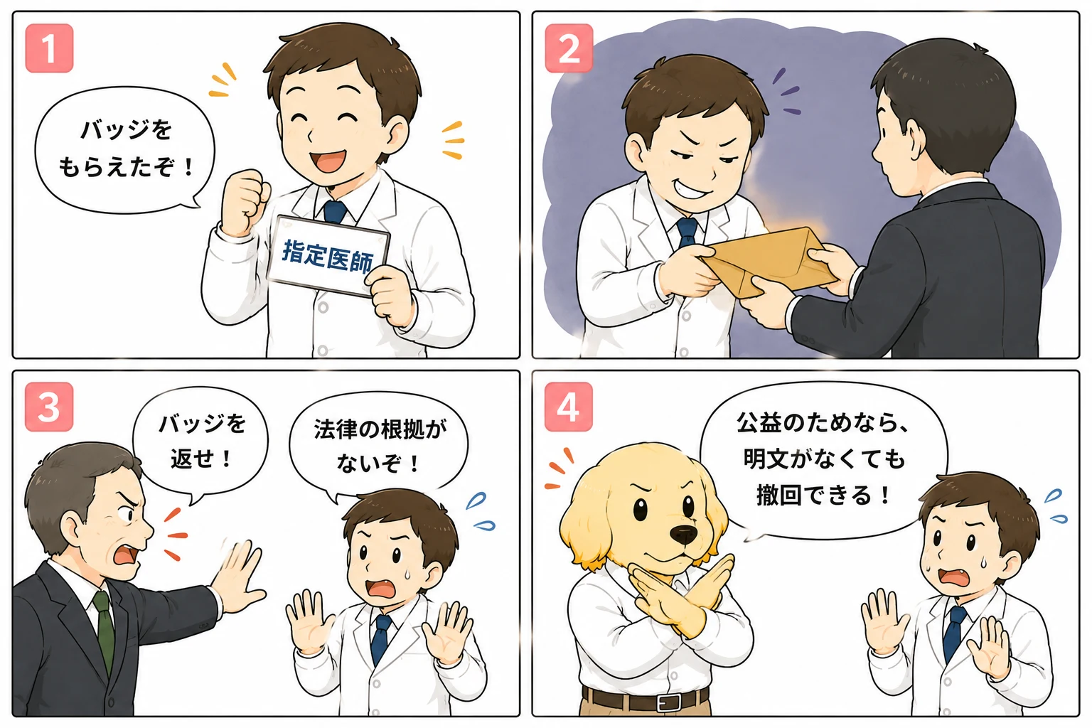 指定医師の指定撤回事件を説明する4コマ漫画