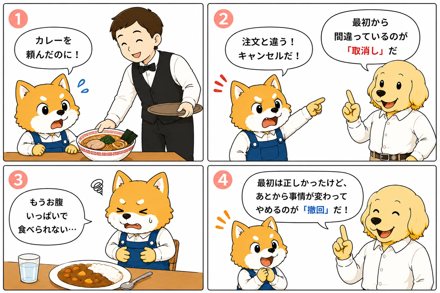 取消しと撤回の違いを説明する4コマ漫画