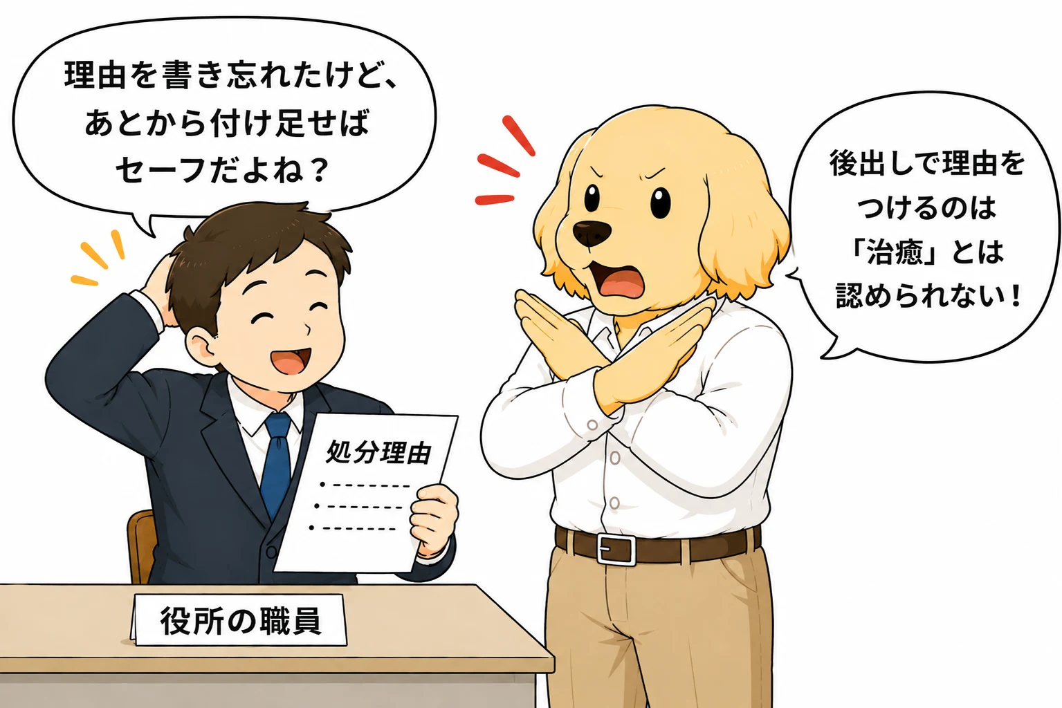 瑕疵の治癒が厳しく判断されることを説明する漫画