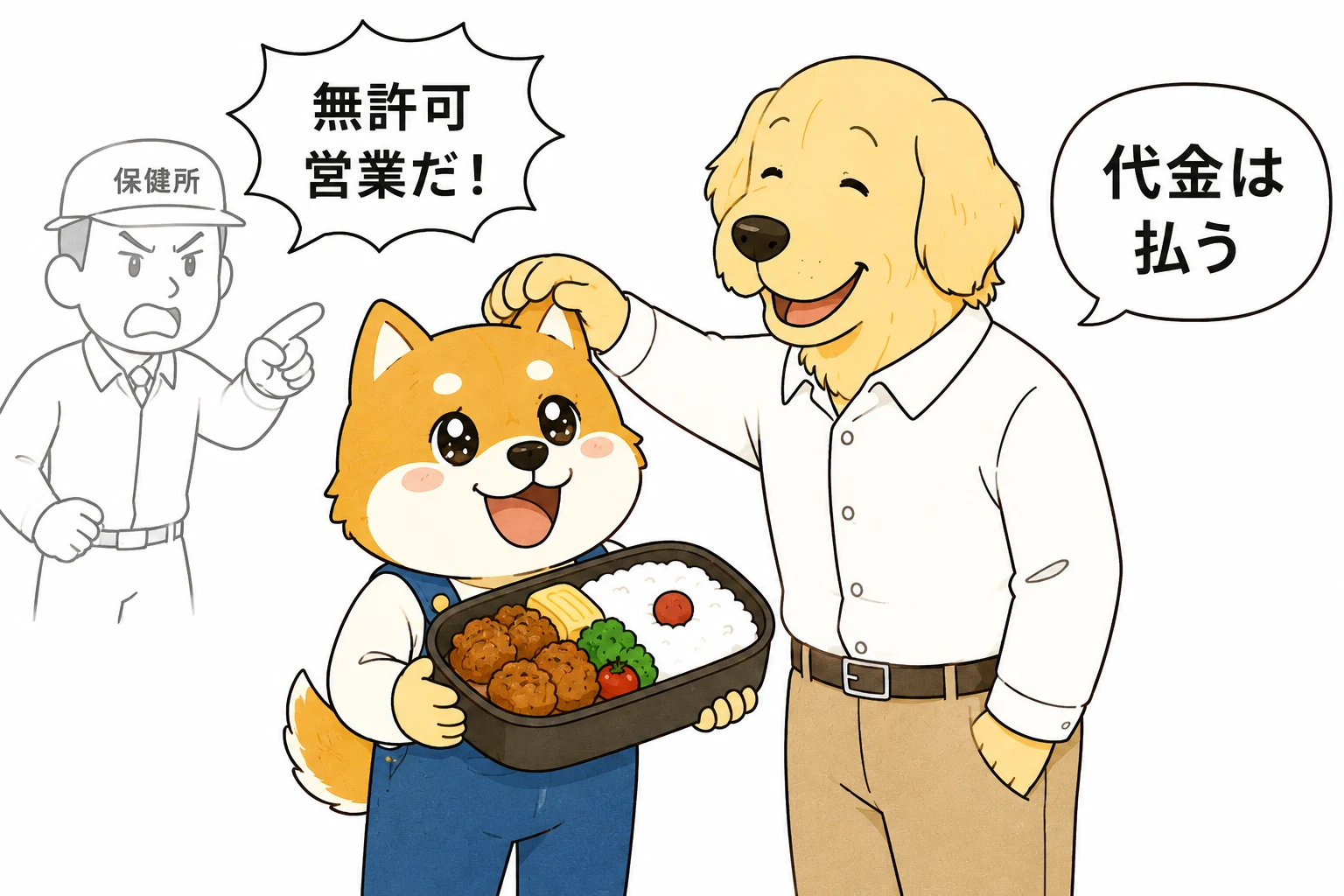 無許可屋台で弁当を買った場合の行政上の取締りと売買契約の関係を説明する一コマ漫画